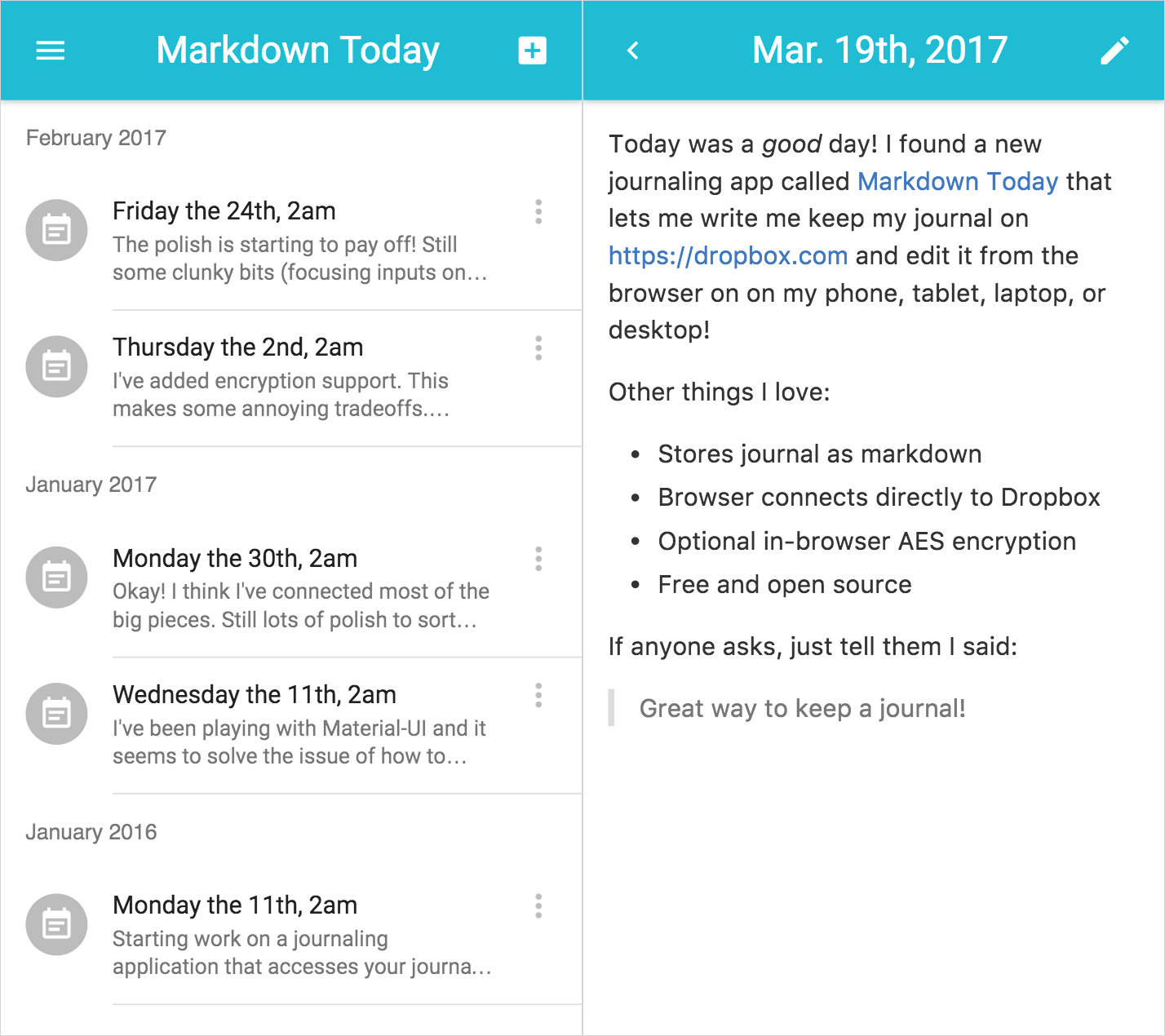 Screenshots of Markdown Today